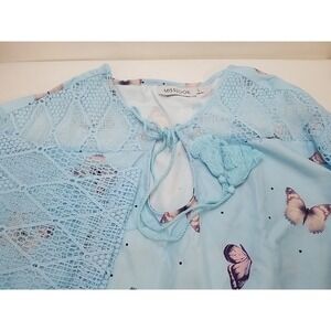 Misslook Butterfly Print Tunic Blue Mesh Sleeves Tassel Tie Top Shirt Size Large